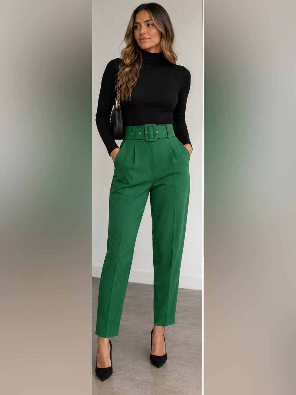 ZARA Emerald Green Belted Tailored Pants Size L NWOT